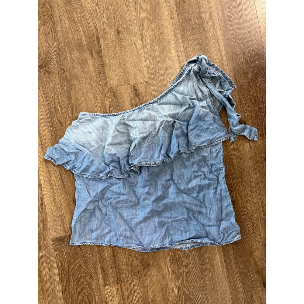 Cloth & Stone Womens One Shoulder Ruffle Chambray Top Blue Tencel Lyocell Medium